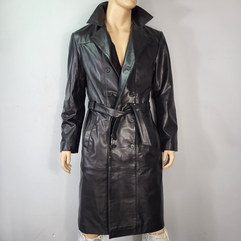 Men's Classic Black Leather Trench Coat